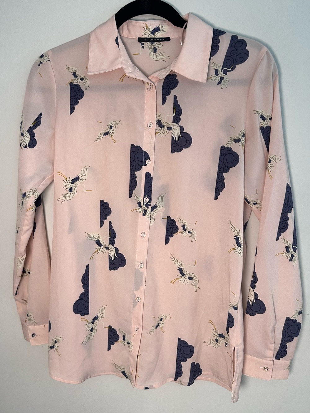 T Tahari Blush Crane Print Button Down Blouse Asian Coastal Chic Top Sz S